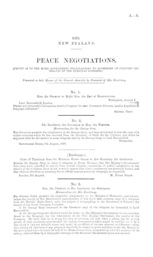 PEACE NEGOTIATIONS. (PAPERS AS TO THE HOME GOVERNMENT TELEGRAPHING TO GOVERNORS OF COLONIES THE RESULTS OF THE EUROPEAN CONGRESS.)