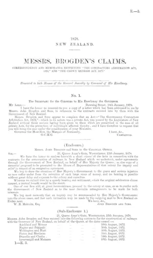 MESSRS. BROGDEN'S CLAIMS. CORRESPONDENCE AND MEMORANDA RESPECTING "THE CONTRACTORS ARBITRATION ACT, 1872," AND "THE CROWN REDRESS ACT, 1877."