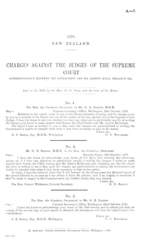 CHARGES AGAINST THE JUDGES OF THE SUPREME COURT (CORRESPONDENCE BETWEEN THE GOVERNMENT AND MR. BARTON, M.H.R., RELATIVE TO).