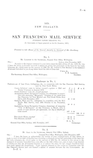 SAN FRANCISCO MAIL SERVICE (FURTHER PAPERS RELATIVE TO). (In Continuation of Papers presented on the 6th December, 1877.)