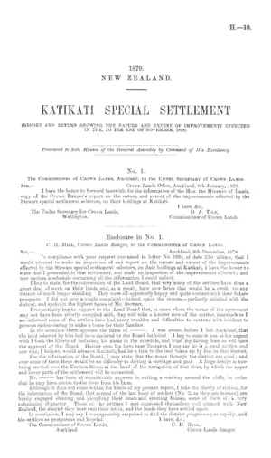 KATIKATI SPECIAL SETTLEMENT (REPORT AND RETURN SHOWING THE NATURE AND EXTENT OF IMPROVEMENTS EFFECTED IN THE, TO THE END OF NOVEMBER, 1878).