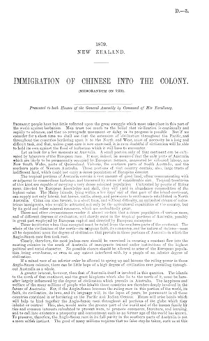 IMMIGRATION OF CHINESE INTO THE COLONY. (MEMORANDUM ON THE).