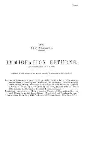 IMMIGRATION RETURNS. (IN CONTINUATION OF D.-7., 1878.)