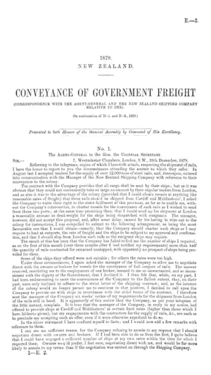 CONVEYANCE OF GOVERNMENT FREIGHT (CORRESPONDENCE WITH THE AGENT-GENERAL AND THE NEW ZEALAND SHIPPING COMPANY RELATIVE TO THE).