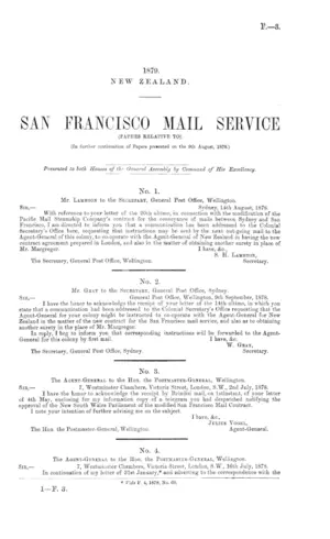 SAN FRANCISCO MAIL SERVICE (PAPERS RELATIVE TO). (In further continuation of Papers presented on the 9th August, 1878.)