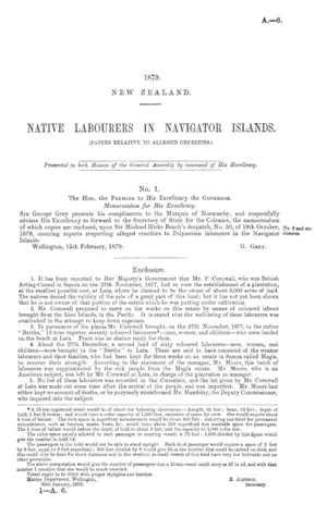 NATIVE LABOURERS IN NAVIGATOR ISLANDS. (PAPERS RELATIVE TO ALLEGED CRUELTIES.)