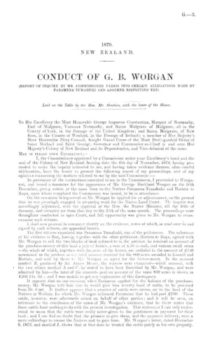 CONDUCT OF G. B. WORGAN (REPORT OF INQUIRY BY MR. COMMISSIONER PARRIS INTO CERTAIN ALLEGATIONS MADE BY PARAMENA TUMAHUKI AND ANOTHER RESPECTING THE).