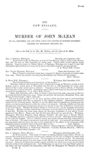 MURDER OF JOHN MCLEAN ON 19TH SEPTEMBER, 1878, AND STEPS TAKEN FOR CAPTURE OF SUPPOSED MURDERER (LETTERS AND TELEGRAMS RELATING TO).