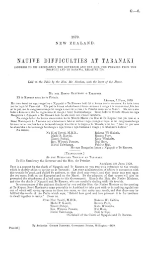 NATIVE DIFFICULTIES AT TARANAKI (ADDRESS TO HIS EXCELLENCY THE GOVERNOR AND THE HON. THE PREMIER FROM THE NGAPUHI AND TE RARAWA, RELATIVE TO).
