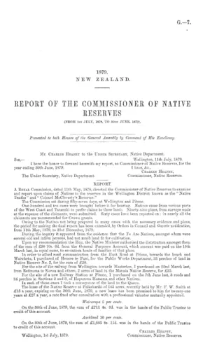 REPORT OF THE COMMISSIONER OF NATIVE RESERVES (FROM 1ST JULY, 1878, TO 30TH JUNE, 1879).