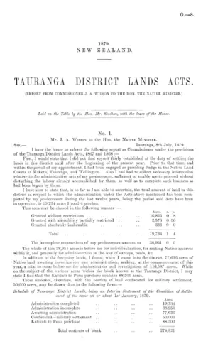 TAURANGA DISTRICT LANDS ACTS. (REPORT FROM COMMISSIONER J. A. WILSON TO THE HON. THE NATIVE MINISTER.)