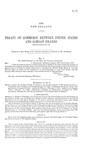 TREATY OF COMMERCE BETWEEN UNITED STATES AND SAMOAN ISLANDS (PAPERS RELATIVE TO).