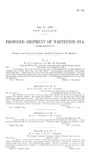 PROPOSED SHIPMENT OF WHITEFISH OVA (PAPERS RELATIVE TO).