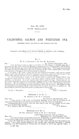 CALIFORNIA SALMON AND WHITEFISH OVA (FURTHER PAPERS RELATIVE TO THE INTRODUCTION OF).