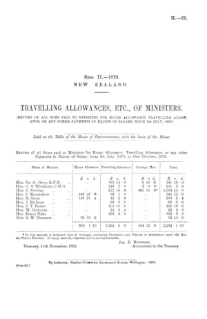 TRAVELLING ALLOWANCES, ETC., OF MINISTERS. (RETURN OF ALL SUMS PAID TO MINISTERS FOR HOUSE ALLOWANCE, TRAVELLING ALLOWANCE, OR ANY OTHER PAYMENTS IN EXCESS OF SALARY, SINCE 1ST JULY, 1878.)