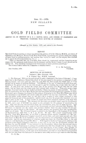 GOLD FIELDS COMMITTEE (REPORT OF, ON PETITION OF R. H. J. REEVES, M.H.R., AND OTHERS, OF CHARLESTON AND WESTPORT, TOGETHER WITH MINUTES OF EVIDENCE.