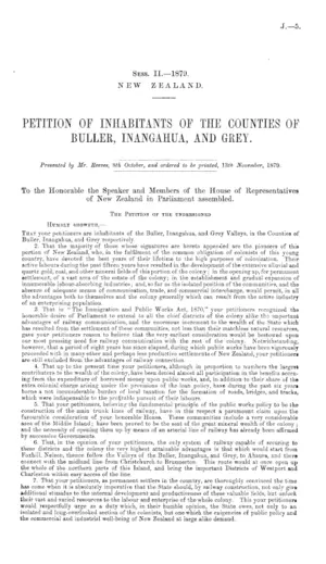 PETITION OF INHABITANTS OF THE COUNTIES OF BULLER, INANGAHUA, AND GREY.