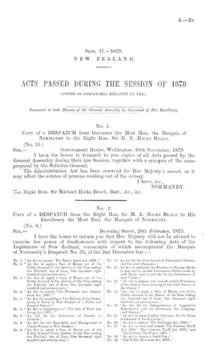 ACTS PASSED DURING THE SESSION OF 1878 (COPIES OF DESPATCHES RELATIVE TO THE).