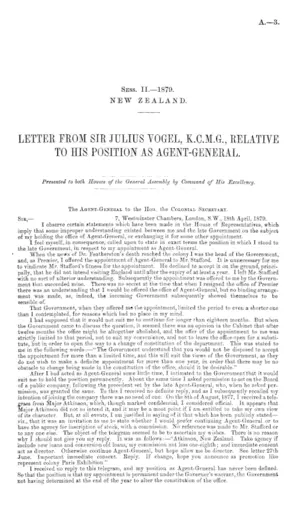 LETTER FROM SIR JULIUS VOGEL, K.C.M.G., RELATIVE TO HIS POSITION AS AGENT-GENERAL.
