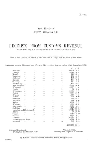 RECEIPTS FROM CUSTOMS REVENUE (STATEMENT OF), FOR THE QUARTER ENDING 30TH SEPTEMBER, 1879.