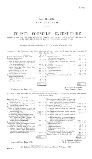 COUNTY COUNCILS' EXPENDITURE (RETURNS OF) FOR THE YEAR ENDED 31ST MARCH, 1879; IN CONTINUATION OF THE RETURN LAID UPON THE TABLE OF THE HOUSE OF THE 18TH JULY, 1879.