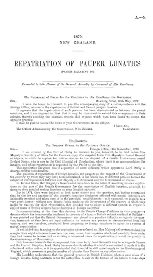 REPATRIATION OF PAUPER LUNATICS (PAPERS RELATING TO).