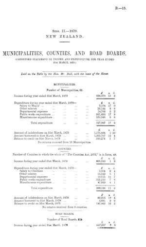 MUNICIPALITIES, COUNTIES, AND ROAD BOARDS. (CONDENSED STATEMENT OF INCOME AND EXPENDITURE FOR YEAR ENDED 31ST MARCH, 1879.)