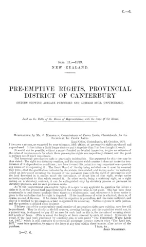 PRE-EMPTIVE RIGHTS, PROVINCIAL DISTRICT OF CANTERBURY (RETURN SHOWING ACREAGE PURCHASED AND ACREAGE STILL UNPURCHASED).