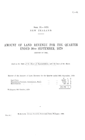 AMOUNT OF LAND REVENUE FOR THE QUARTER ENDED 30TH SEPTEMBER, 1879 (RETURN OF THE).