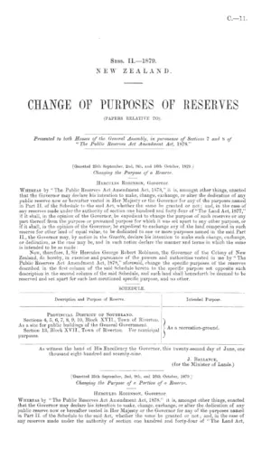 CHANGE OF PURPOSES OF RESERVES (PAPERS RELATIVE TO).