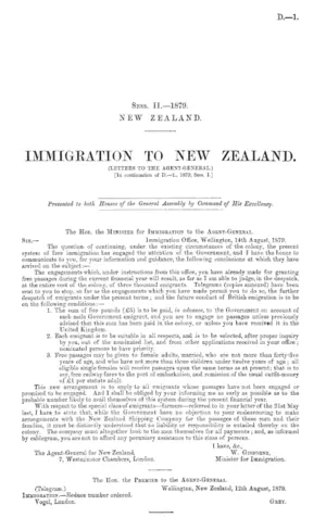 IMMIGRATION TO NEW ZEALAND. (LETTERS TO THE AGENT-GENERAL.) [In continuation of D.—1., 1879, Sess. I.]