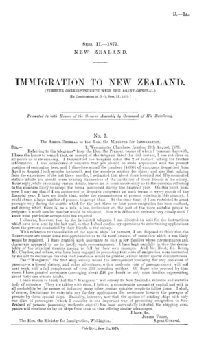 IMMIGRATION TO NEW ZEALAND. (FURTHER CORRESPONDENCE WITH THE AGENT-GENERAL.) [In Continuation of D.-1, Sess. II., 1879.]