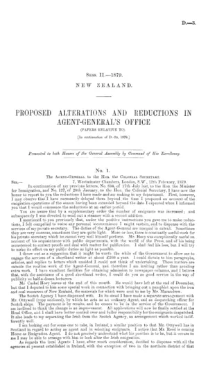 PROPOSED ALTERATIONS AND REDUCTIONS IN AGENT-GENERAL'S OFFICE (PAPERS RELATIVE TO). [In continuation of D.-28, 1878.]