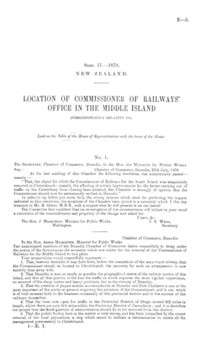 LOCATION OF COMMISSIONER OF RAILWAYS' OFFICE IN THE MIDDLE ISLAND (CORRESPONDENCE RELATIVE TO).