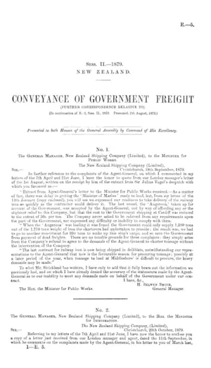 CONVEYANCE OF GOVERNMENT FREIGHT (FURTHER CORRESPONDENCE RELATIVE TO). (In continuation of E.-2, Sess. II., 1879. Presented, 7th August, 1879.)
