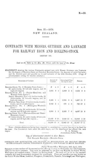 CONTRACTS WITH MESSRS. GUTHRIE AND LARNACH FOR RAILWAY IRON AND ROLLING-STOCK (RETURN OF).