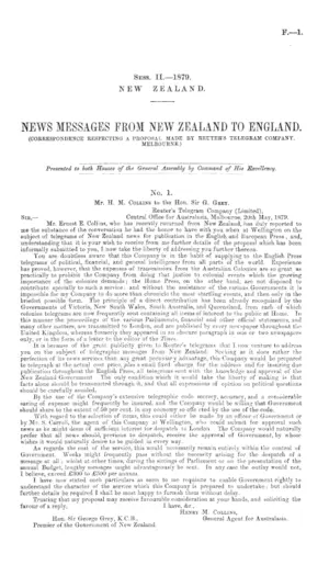 NEWS MESSAGES FROM NEW ZEALAND TO ENGLAND. (CORRESPONDENCE RESPECTING A PROPOSAL MADE BY REUTER'S TELEGRAM COMPANY, MELBOURNE.)