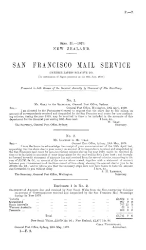 SAN FRANCISCO MAIL SERVICE (FURTHER PAPERS RELATIVE TO). [In continuation of Papers presented on the 16th July, 1879.]