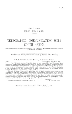 TELEGRAPHIC COMMUNICATION WITH SOUTH AFRICA (DESPATCH CONVEYING THANKS TO COLONY FOR ALLOWING AUSTRALIAN AND NEW ZEALAND CABLE TO BE USED FOR).