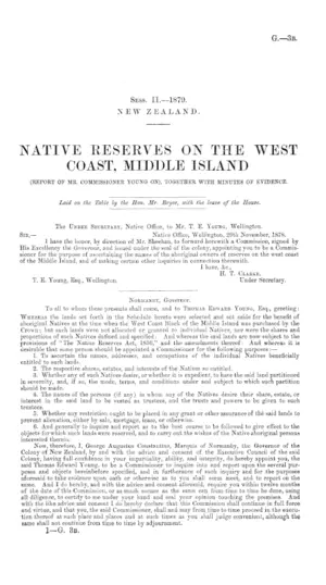 NATIVE RESERVES ON THE WEST COAST, MIDDLE ISLAND (REPORT OF MR. COMMISSIONER YOUNG ON), TOGETHER WITH MINUTES OF EVIDENCE.