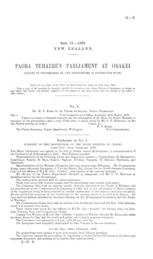 PAORA TUHAERE'S PARLIAMENT AT ORAKEI (REPORT OF PROCEEDINGS AT, AND EXPENDITURE IN CONNECTION WITH).