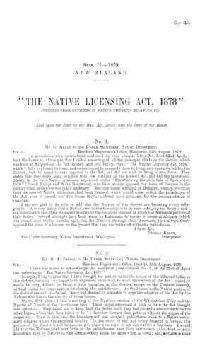 "THE NATIVE LICENSING ACT, 1878" (REPORTS FROM OFFICERS IN NATIVE DISTRICTS RELATING TO).