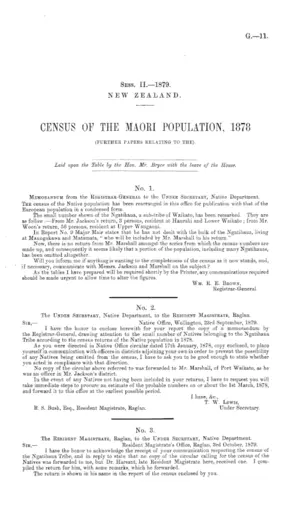 CENSUS OF THE MAORI POPULATION, 1878 (FURTHER PAPERS RELATING TO THE).