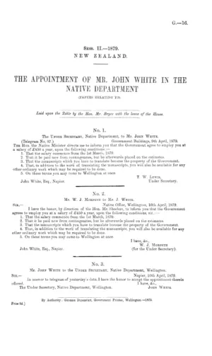 THE APPOINTMENT OF MR. JOHN WHITE IN THE NATIVE DEPARTMENT (PAPERS RELATING TO).