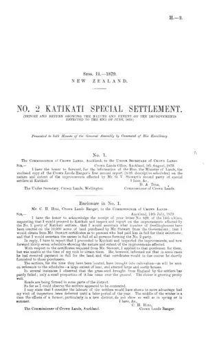 NO. 2 KATIKATI SPECIAL SETTLEMENT. (REPORT AND RETURN SHOWING THE NATURE AND EXTENT OF THE IMPROVEMENTS EFFECTED TO THE END OF JUNE 1870.)