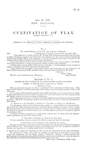 CULTIVATION OF FLAX (PAPERS RELATIVE TO).