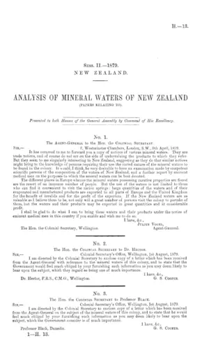 ANALYSIS OF MINERAL WATERS OF NEW ZEALAND (PAPERS RELATING TO).