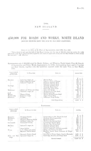 £50,000 FOR ROADS AND WORKS, NORTH ISLAND (RETURN SHOWING HOW THE SUM OF, HAS BEEN EXPENDED).