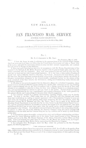 SAN FRANCISCO MAIL SERVICE (FURTHER PAPERS RELATIVE TO). [In continuation of Papers presented on the 28th of May, 1880.]