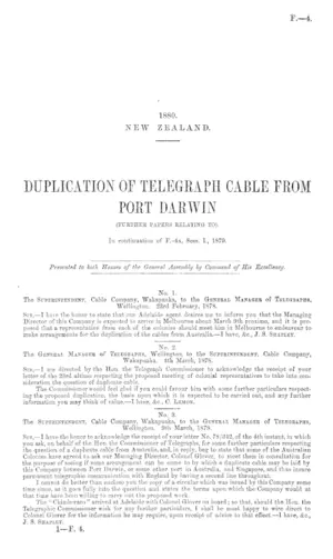 DUPLICATION OF TELEGRAPH CABLE FROM PORT DARWIN (FURTHER PAPERS RELATING TO). In continuation of P.-4a, Sess. 1., 1879.